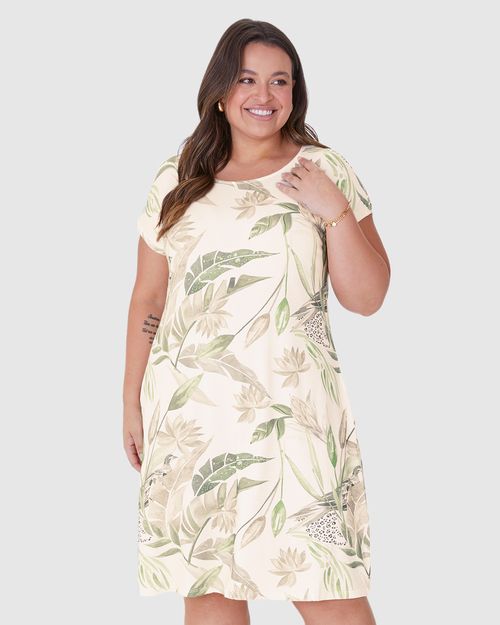 Vestido Feminino Plus Size Estampa Folhagem Em Viscose Stretch
