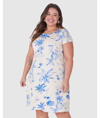 Vestido Feminino Plus Size Estampa Coqueiro Em Viscose Stretch