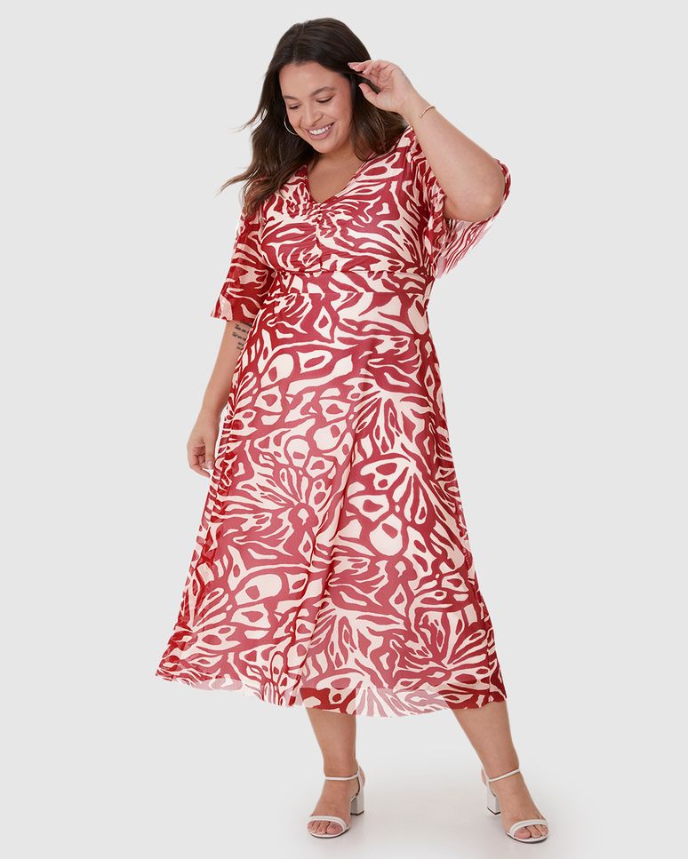 Vestido Longo Feminino Plus Size Estampado Decote V Em Tule Stretch