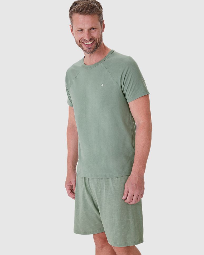 Pijama Masculino Camiseta Bordado Peitoral Em Algodão
