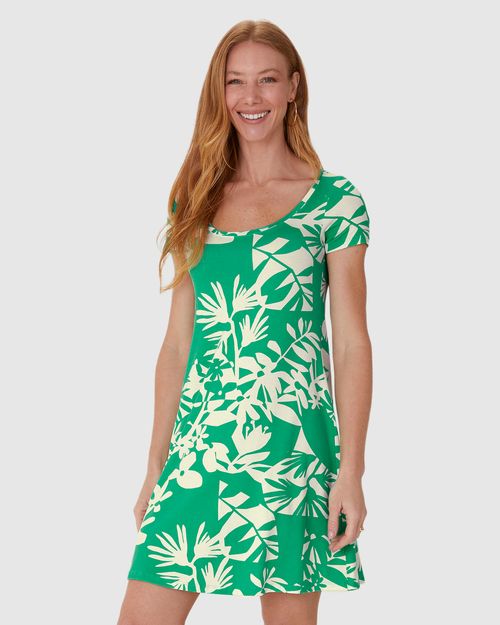 Vestido Feminino Evasê Estampado Manga Curta Em Malha Viscose Stretch