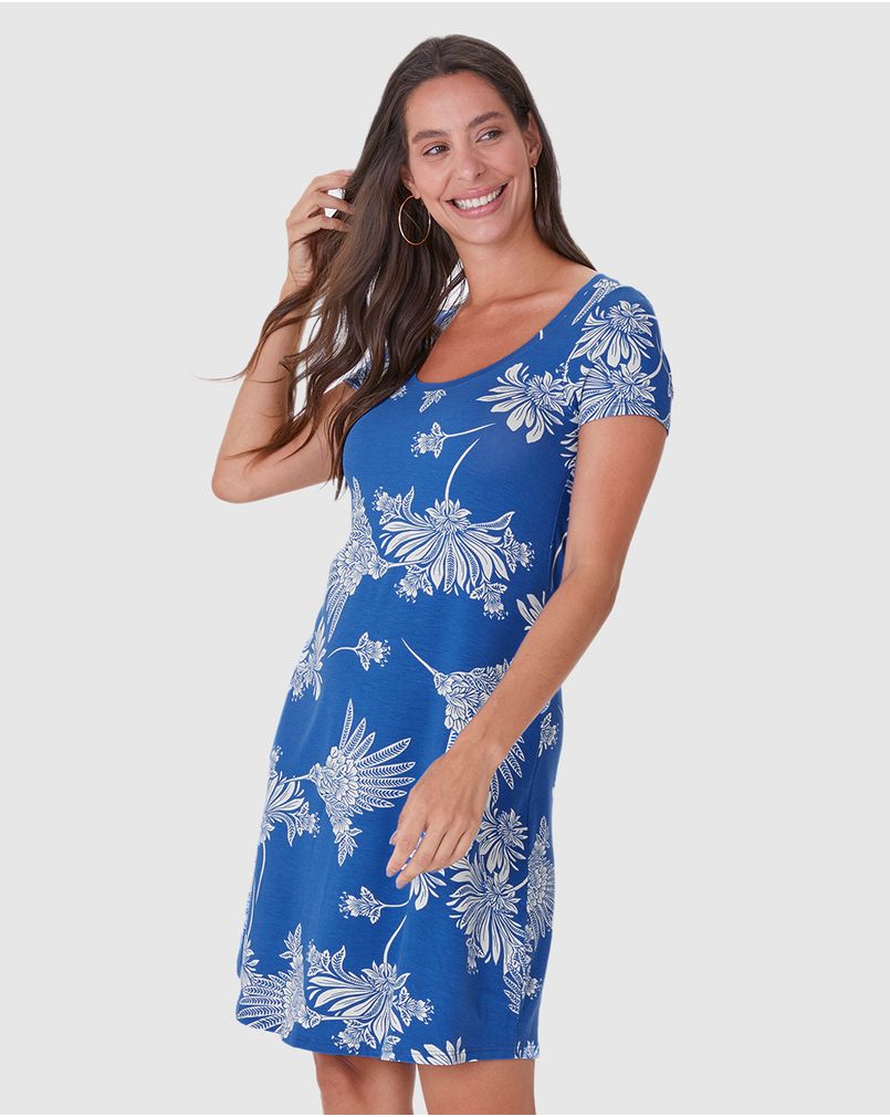 Vestido Feminino Evasê Estampado Manga Curta Em Malha Viscose
