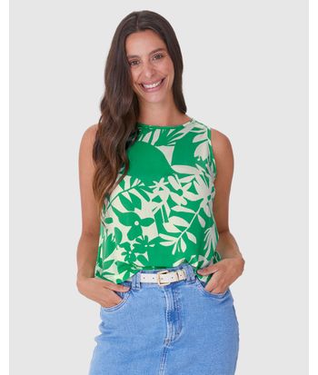 Regata Estampada Feminina Long Cropped Alça Larga Em Viscose