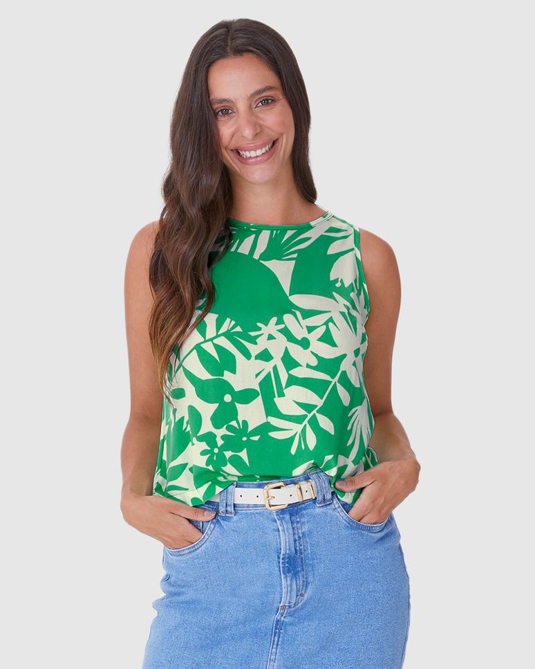Regata Estampada Feminina Long Cropped Alça Larga Em Viscose