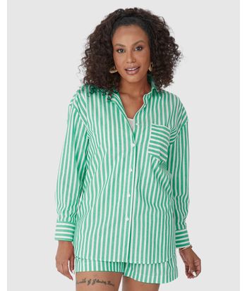Camisa Ampla Feminina Listrada Bolso Frontal Em Algodão