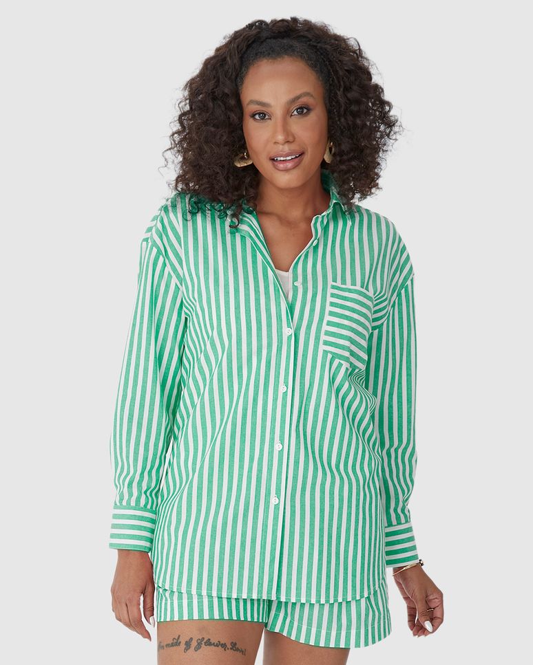 Camisa Ampla Feminina Listrada Bolso Frontal Em Algodão