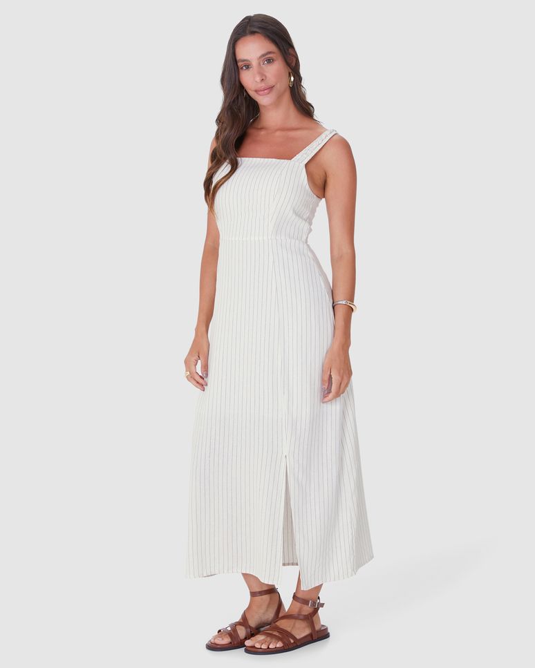 Vestido Midi Feminino Acinturado Fenda Frontal Em Viscolinho