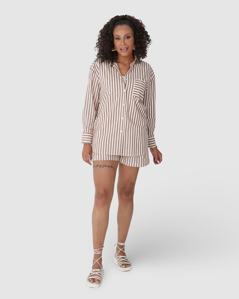 Shorts Feminino Listrado Bolso Lateral Em Algodão