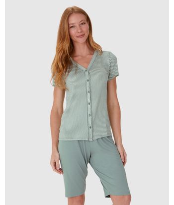 Pijama Feminino Camisa Estampada Com Abotoamento Frontal Em Viscose Stretch