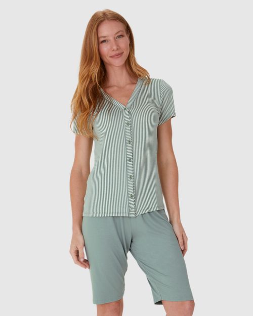 Pijama Feminino Camisa Estampada Com Abotoamento Frontal Em Viscose Stretch