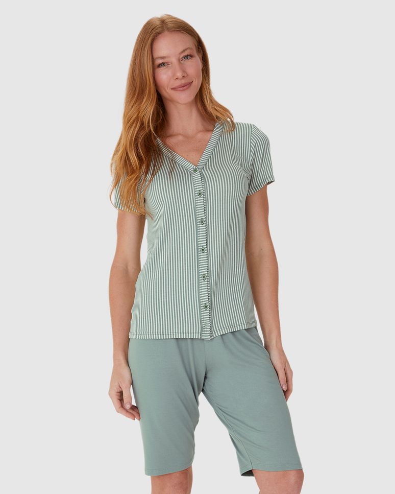 Pijama Feminino Camisa Estampada Com Abotoamento Frontal Em Viscose Stretch