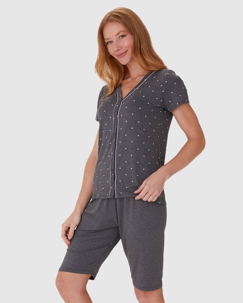 Pijama Feminino Camisa Estampada Com Abotoamento Frontal Em Viscose Stretch