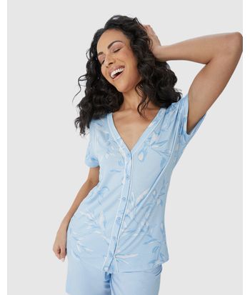 Pijama Feminino Camisa Estampada Com Abotoamento Frontal Em Viscose Stretch