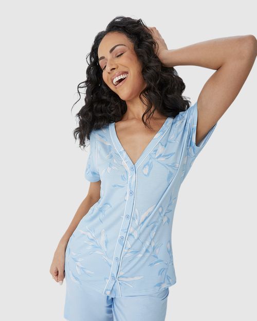 Pijama Feminino Camisa Estampada Com Abotoamento Frontal Em Viscose Stretch