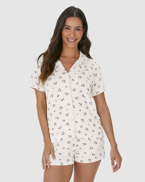 Pijama Americano Feminino Estampado Com Abotoamento Frontal Em Viscose Stretch