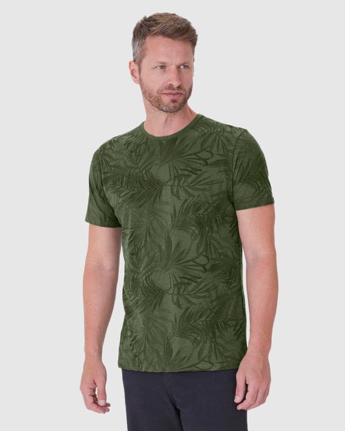 Camiseta Masculina Estampa Corrida Folhagem Em Malha Linho