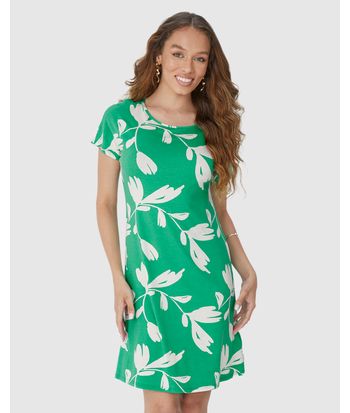 Vestido Feminino Evasê Manga Curta Estampado Em Viscose Stretch