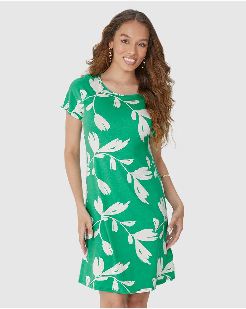 Vestido Feminino Evasê Manga Curta Estampado Em Viscose Stretch