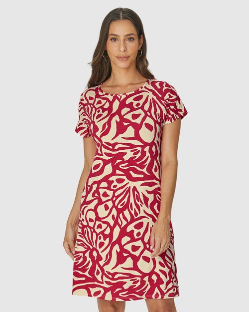 Vestido Feminino Evasê Manga Curta Estampado Em Viscose Stretch