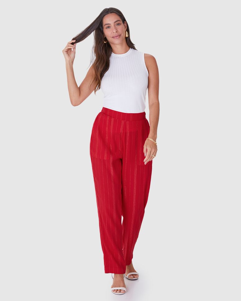Calça Reta Feminina Bolso Lateral Em Viscose Lurex