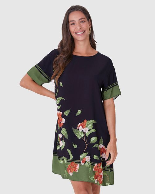 Vestido Amplo Feminino Manga Curta Estampado Em Viscose