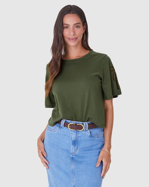 Blusa Feminina Bordado Na Manga Em Malha Algodão Comfy