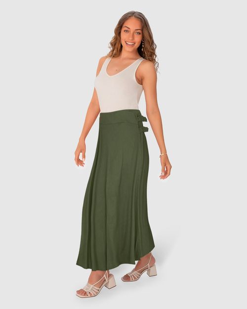 Saia Midi Feminina Fivela Lateral Em Viscolinho