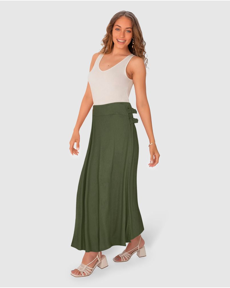 Saia Midi Feminina Fivela Lateral Em Viscolinho VERDE Malwee