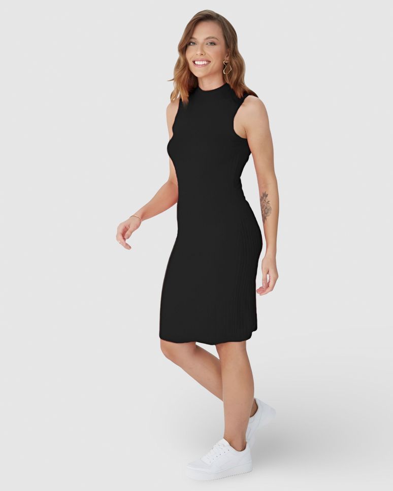 Vestido Básico Feminino Gola Alta Em Canelado De Viscose