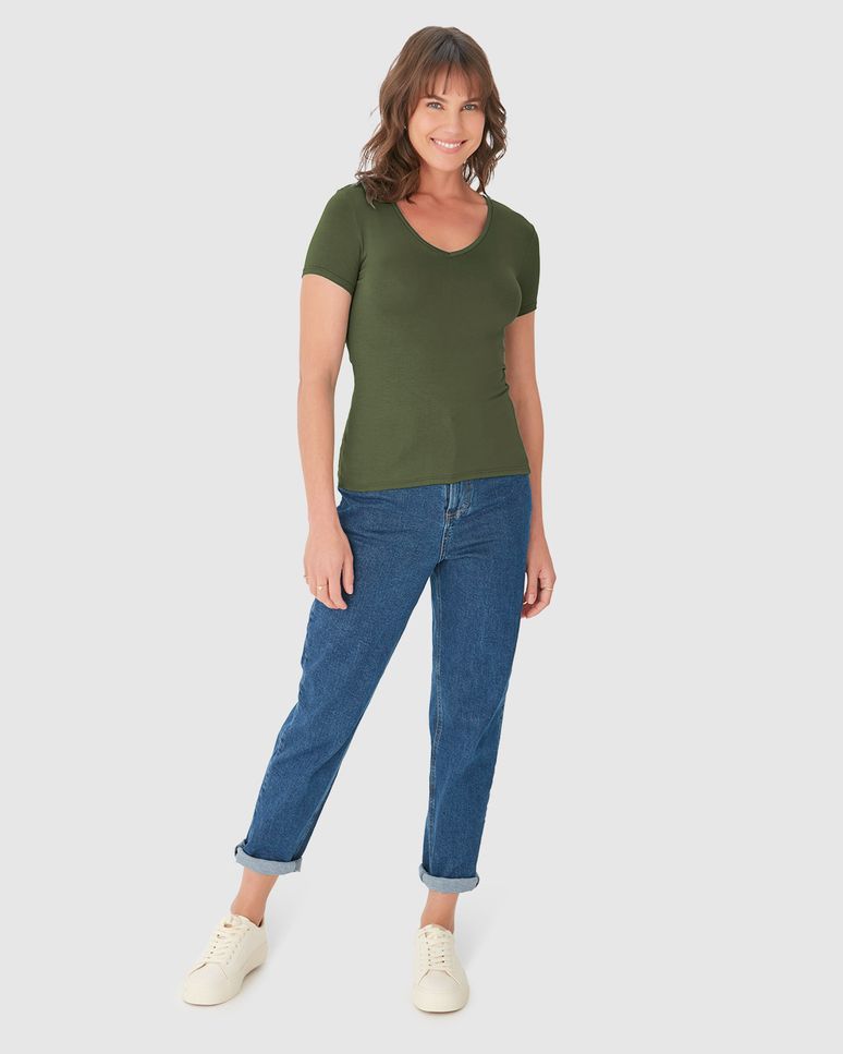 Blusa Básica Feminina Decote V Em Viscose Stretch