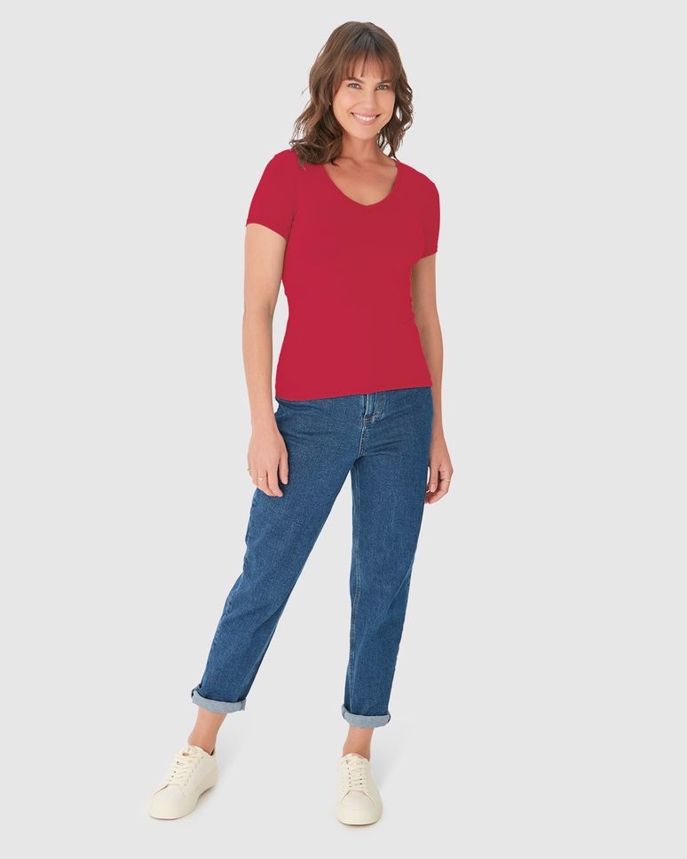 Blusa Básica Feminina Decote V Em Viscose Stretch