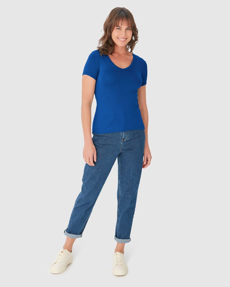 Blusa Básica Feminina Decote V Em Viscose Stretch