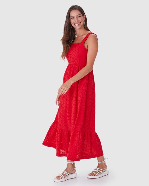 Vestido Midi Feminino Decote Reto Em Laise Algodão