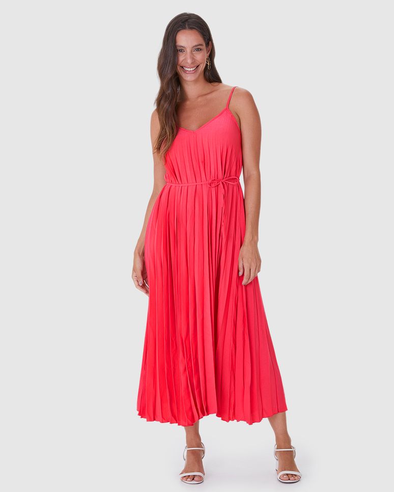 Vestido Midi Feminino Decote V Alça Fina Em Tecido Plissado