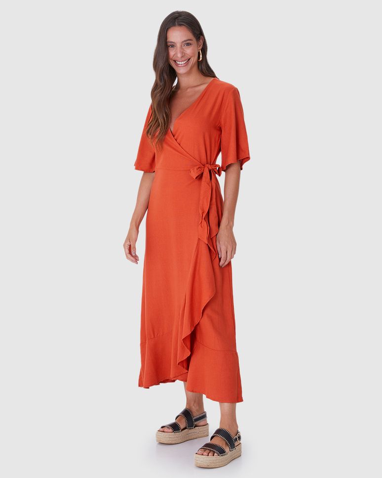 Vestido Midi Feminino Transpassado Amarração Funcional Em Viscolinho