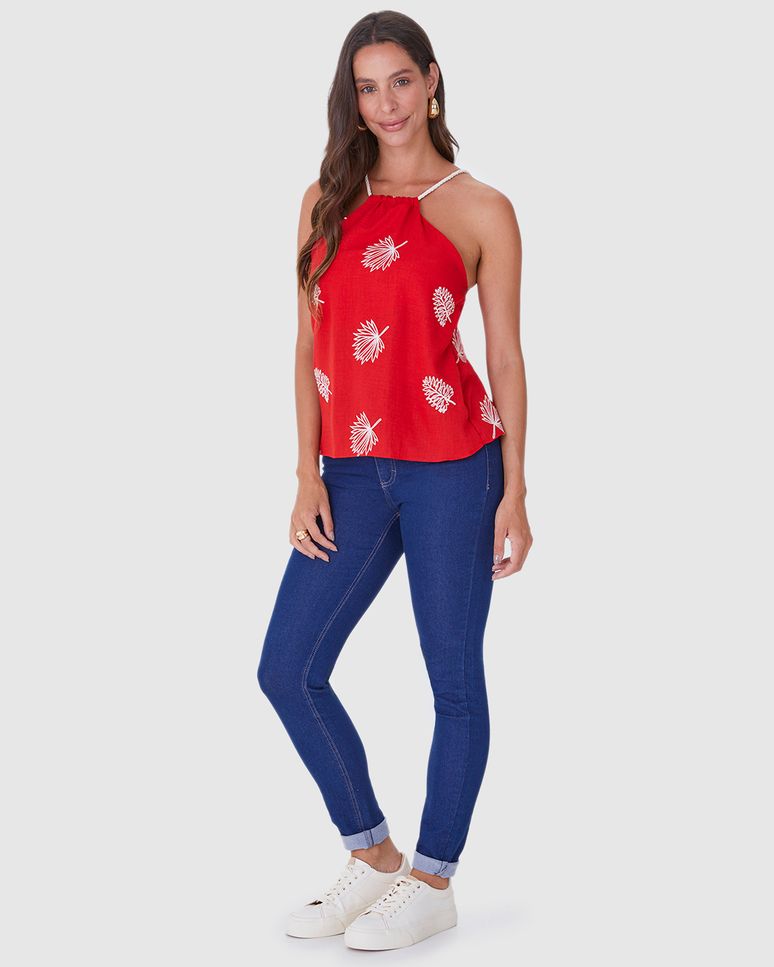 Regata Feminina Alça De Corda Em Tecido Bordado