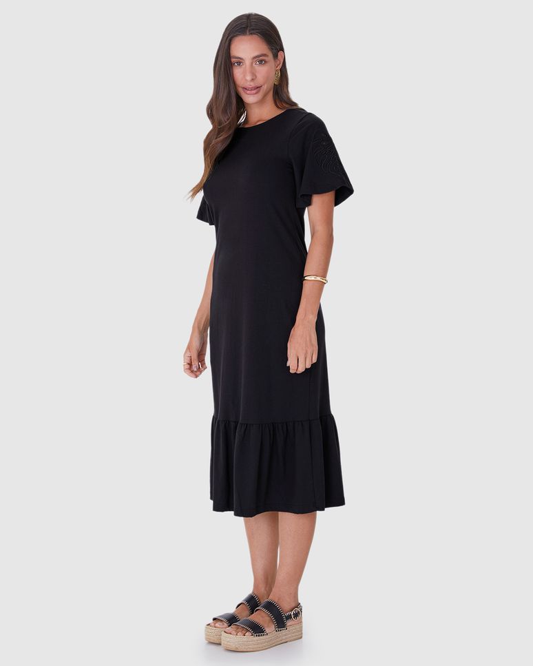 Vestido Midi Feminino Bordado Na Manga Em Malha Algodão Comfy