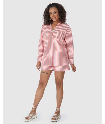 Camisa Ampla Feminina Listrada Bolso Frontal Em Algodão