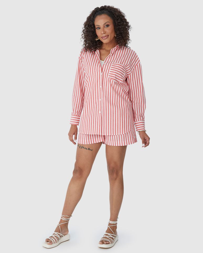 Camisa Ampla Feminina Listrada Bolso Frontal Em Algodão