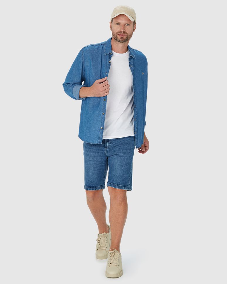 Bermuda Masculina Slim Cintura Média Em Jeans Com Elastano