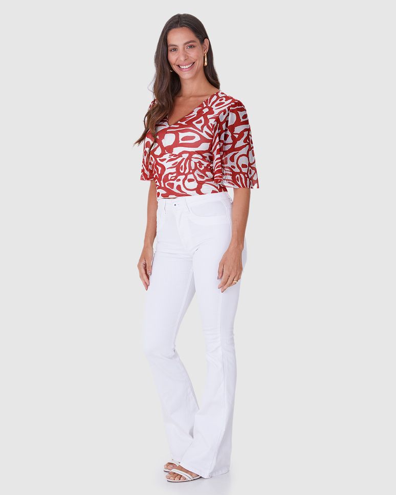 Blusa Cropped Feminina Estampada Decote V Em Tule Stretch