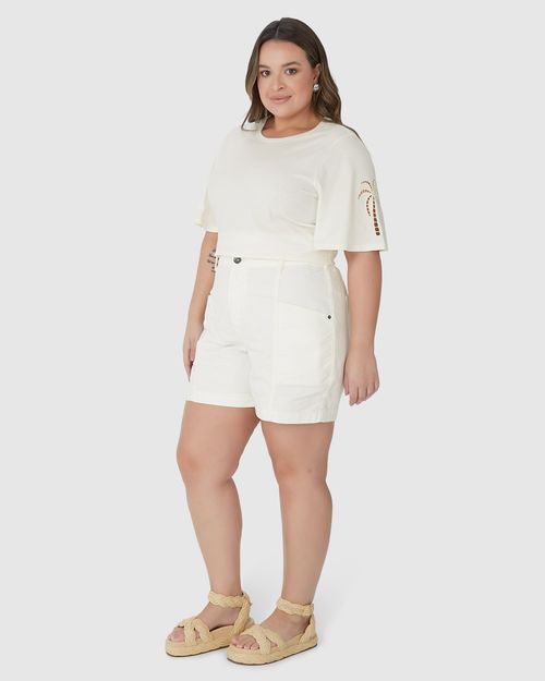 Blusa Feminina Plus Size Bordado Na Manga Em Algodão