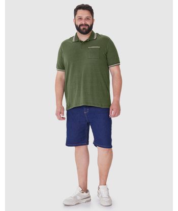 Camisa Polo Masculina Plus Size Bolso Frontal Em Malha Linho