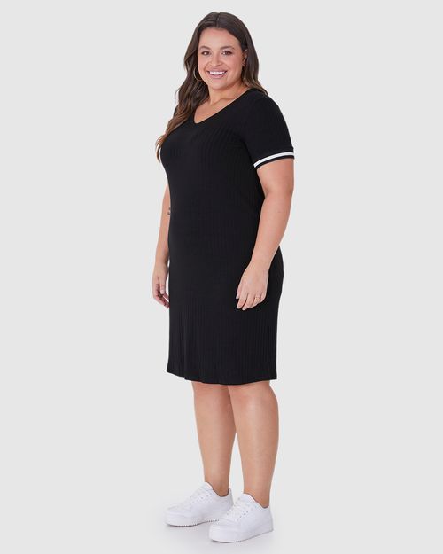 Vestido Feminino Plus Size Reto Manga Retilínea Em Canelado De Viscose