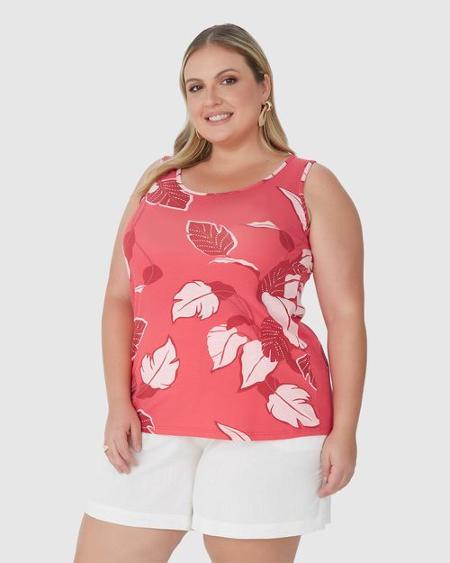Regata Feminina Plus Size Estampa Folhagem Em Viscose Stretch