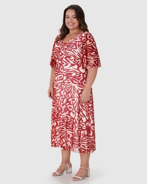 Vestido Longo Feminino Plus Size Estampado Decote V Em Tule Stretch