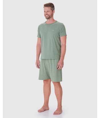 Pijama Masculino Camiseta Bordado Peitoral Em Algodão
