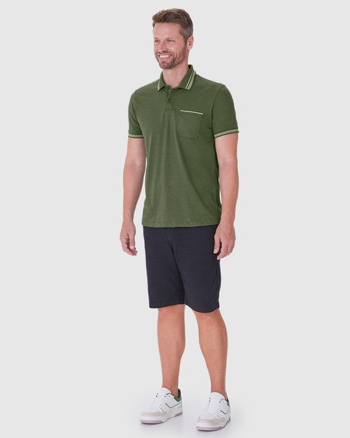 Camisa Polo Masculina Regular Bolso Frontal Em Malha Linho