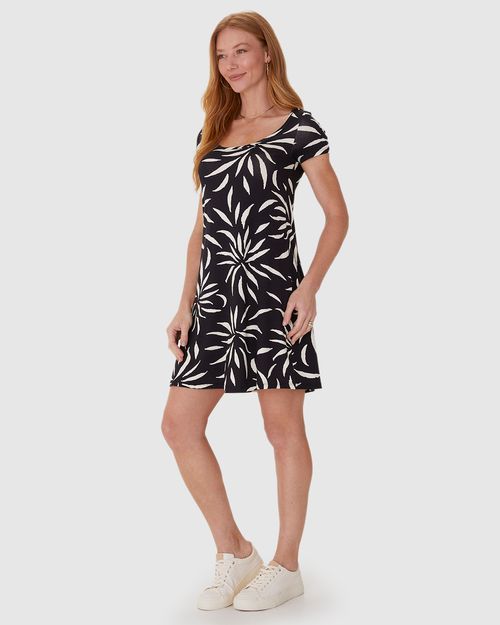 Vestido Feminino Evasê Estampado Manga Curta Em Malha Viscose Stretch