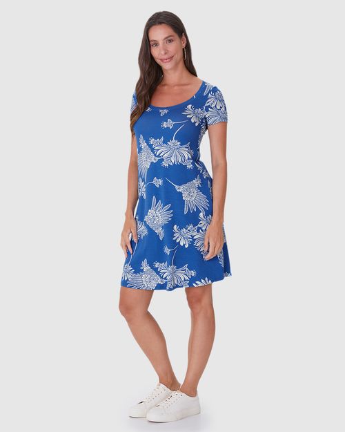 Vestido Feminino Evasê Estampado Manga Curta Em Malha Viscose Stretch